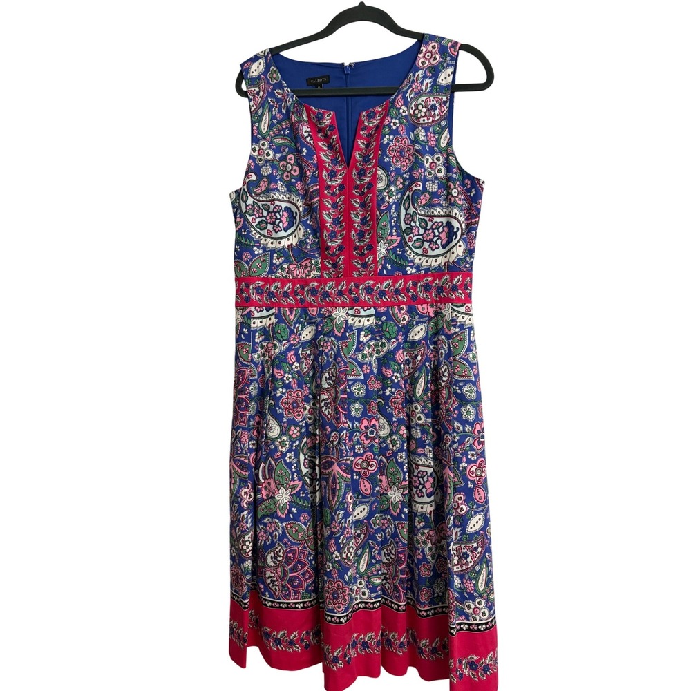 Talbots Blue Pink Paisley Floral Split Neck‎ Cotton Fit & Flare Dress Size 10